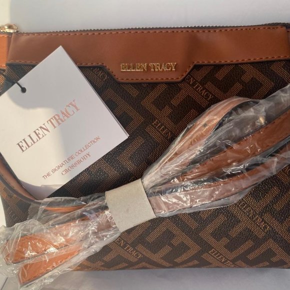 Ellen Tracy Signature Crossbody Cognac Chocolate NWT Brown Gold Chain small - Picture 1 of 3